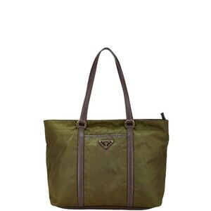 Prada triangular logo tote bag shoulder Khaki Green brown nylon leather